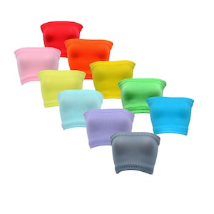 May include: A set of ten tube tops in various colors, including red, orange, yellow, green, blue, purple, and gray. The tube tops are arranged in a rainbow pattern, with the red tube top at the top and the gray tube top at the bottom.