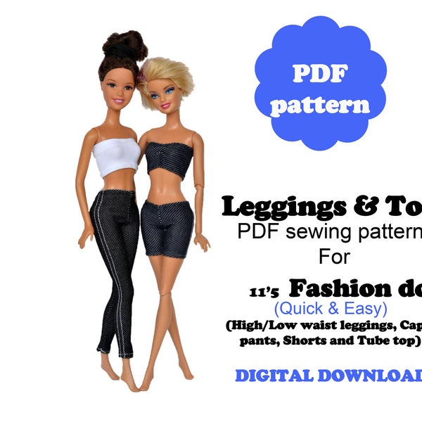 Leggings and top PDF sewing pattern for 11'5 inches fashion doll, leggings top doll clothes PDF instant digital download, DIY doll clothes
