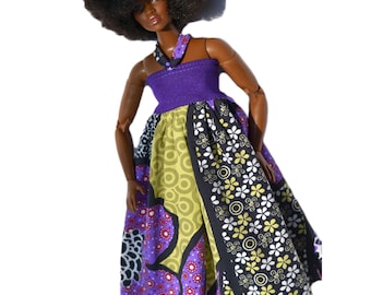 Mixed print/Patchwork dress for 11'5 inch doll, 1:6 scale doll clothes,  MTM, Black Girl Magic, OOAK, African Boho print doll dress, curvy