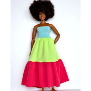 1/6 scale doll Maxi Dress, Color Block, 11'5 inch doll clothes, munecas, puppenkleidung, 人形ドレス vestido de muñeca de colores, kuklafashion