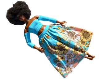 1/6 scale doll Set of 2 SKIRT and SLEEVED TOP, doll clothes, made to movie doll, 11'5 inch doll clothes 12inch turquoise skirt,curvy fashion