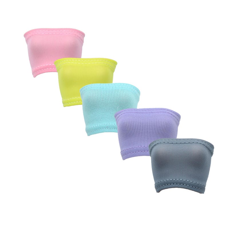 May include: Five tube tops in different colors: pink, yellow, light blue, purple, and gray. The tube tops are made of a ribbed fabric and have a simple, classic design.