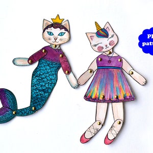 Gelenkte 2 EINHORN Katzen - PDF digitaler Download, druckbare Tiere, Gelenkte Papierpuppen, Montessori Papierbastelspiel, Frühlernen