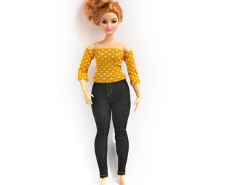 Doll clothes for 11'5 inch dolls TOP and JEANS for Barb doll, polka dot, sleeved Tube top, denim joggers, denim leggings curvy Barb doll