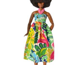 1/6 Scale Tropical Halter Dress for 11.5" Dolls, curvy style, doll maxi sundress, tropical summer fashion doll, puppenkleidung, brazilian