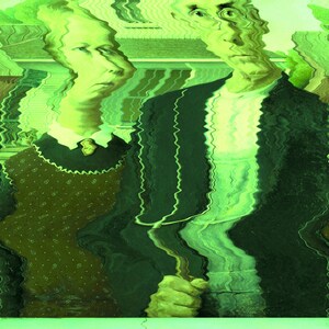 May include: A digital art piece of a couple, a man and a woman, with a green and white wavy pattern. The woman is wearing a brown and green dress with a white collar. The man is wearing a dark green suit with a white shirt. The background is a green and white wavy pattern.