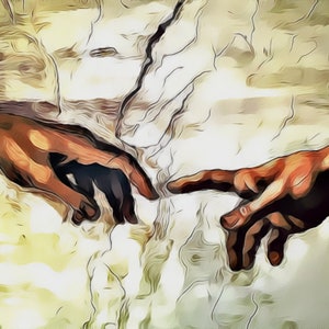 Cartoonized Art | Modified Art | The Creation of Adam Famous Painting Close Up by Michelangelo | Printed Wall Art