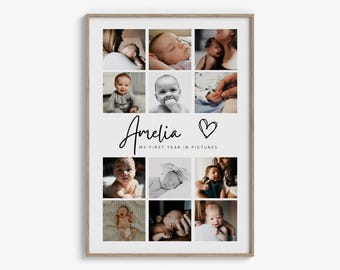 Printable Baby’s First Year Photo Collage – Minimalist 1st Birthday Poster, Editable Canva Template, Monthly Milestone Sign