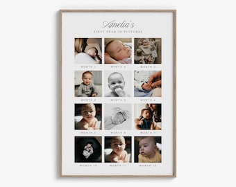 Baby’s First Year Photo Collage – Editable Canva Template | Minimalist Printable Poster | 12 Month Baby Milestone Board