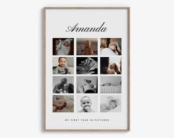 Printable Baby’s First Year Photo Collage – Minimalist 1st Birthday Poster, Editable Canva Template, Monthly Milestone Sign