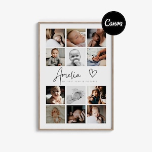 Collage de fotos imprimible del primer año del bebé: póster minimalista de primer cumpleaños, plantilla editable de Canva, letrero de hito mensual