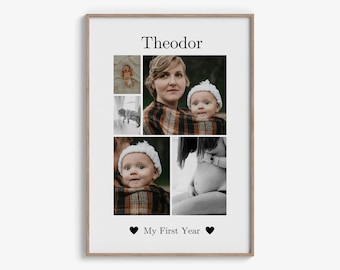 Printable Baby’s First Year Photo Collage – Minimalist 1st Birthday Poster, Editable Canva Template, Monthly Milestone Sign