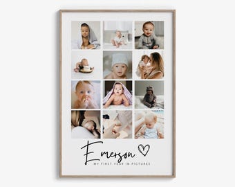 Printable Baby’s First Year Photo Collage – Minimalist 1st Birthday Poster, Editable Canva Template, Monthly Milestone Sign