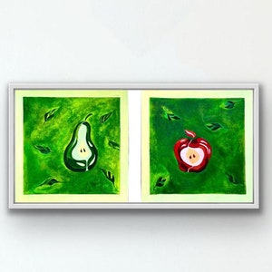 Maçã pop art, pintura acrílica de pera em cartolina, arte original, 2 peças, natureza morta, morte natural, presente de família, decoração de parede, arte moderna