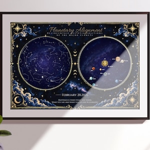 May include: A framed wall art print titled Planetary Alignment featuring a dark blue celestial map with constellations on the left and a solar system diagram on the right, dated February 20, 2026, with gold decorative borders and text.