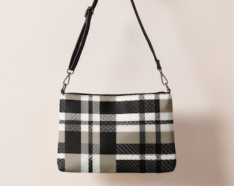 Elegant Cream and Black Plaid Crossbody Purse
