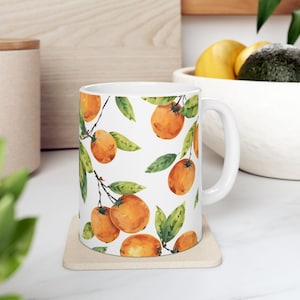 Watercolor Tangerine Ceramic Mug, Orange Floral Coffee Cup, Perfect for Home Decor, Gift for Tea Lovers, Kitchen Essentials, Mother&#39;s Day