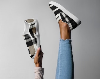 Women&#39;s Neutral Plaid Slip-On Canvas Shoes • Casual Comfy Checkered Flats • Everyday Fall Style Sneakers • Gift for Her