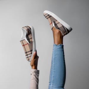 Women&#39;s Neutral Plaid Slip-On Canvas Shoes • Casual Comfy Checkered Flats • Everyday Fall Style Sneakers • Gift for Her