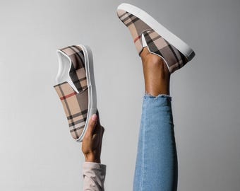Women&#39;s Neutral Plaid Slip-On Canvas Shoes • Casual Comfy Checkered Flats • Everyday Fall Style Sneakers • Gift for Her