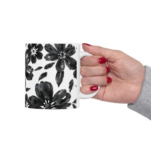 Elegant Floral Ceramic Mug, Chic Drinkware Gift, Coffee Tea Mug, Black and White Flower Design, Home Office Decor