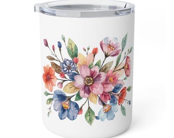 Floral Insulated Coffee Mug: Stainless Steel, Spill-Resistant Lid