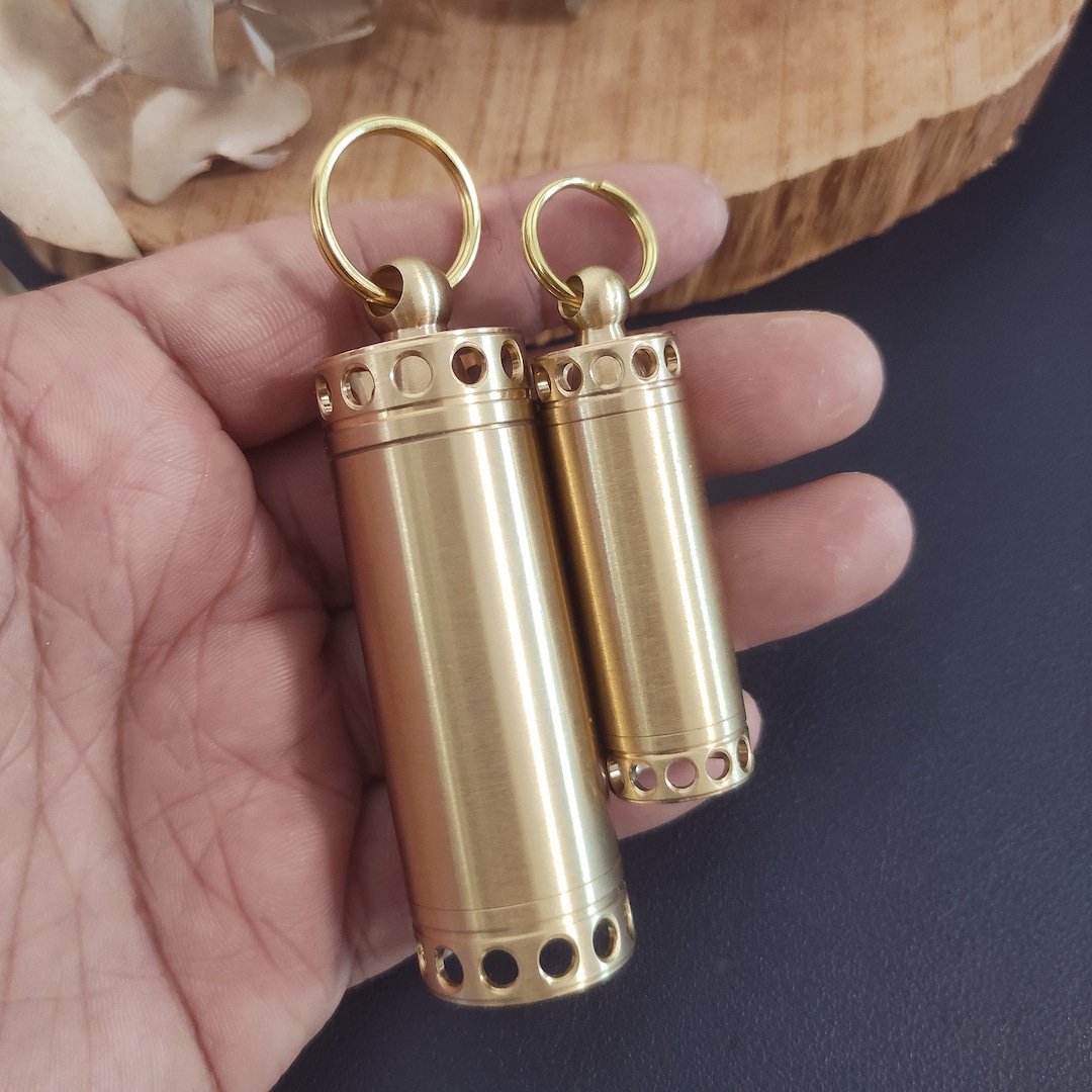 Brass Metal Pill Case Keychain Pendant Waterproof Pill Box Etsy