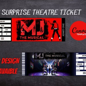 Puede incluir: Dos diseños para una plantilla de boleto de teatro imprimible con el musical "MJ: The Musical". El primer diseño presenta un fondo rojo con una silueta en blanco y negro de Michael Jackson. El segundo diseño presenta una foto de la producción escénica del musical. Ambos diseños incluyen el texto "MJ: The Musical" y "Plantilla Canva".