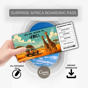 Africa Trip Gift Ticket – Surprise Boarding Pass – Editable Travel Voucher – Instant Download – Printable for Birthday or Vacation
