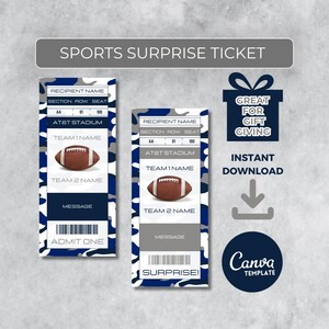 Sofort bearbeitbares Fußballticket | Dallas Farben Spieltag Geschenk | Überraschungssport Stub für Fans | Printable - Personalisiertes Geschenk |