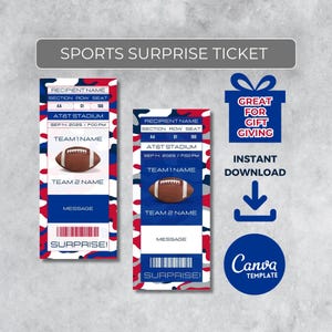 May include: Two sports-themed surprise tickets with a red, white, and blue camouflage pattern. Each ticket features a football graphic, recipient and team name fields, and the text "SURPRISE!" and "SPORTS SURPRISE TICKET".