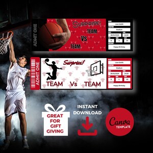 Basketball Spiel Ticket Vorlage - Chicago Farben, Überraschungsgeschenk, bearbeitbar & druckbar, Sofort-Download, einfach anzupassen