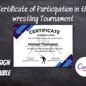 Template Certificate of Participation in the wrestling Tournament, Instant download, Editable and printable , 100% Customizable in Canva