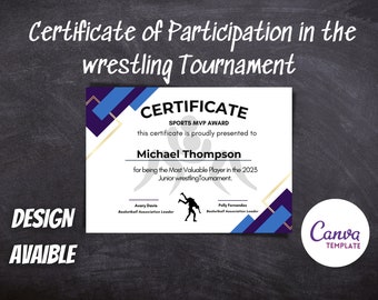 Template Certificate of Participation in the wrestling Tournament, Instant download, Editable and printable , 100% Customizable in Canva