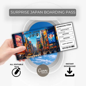 Japan Trip Gift Ticket – Surprise Boarding Pass – Editable Travel Voucher – Instant Download – Printable for Birthday or Vacation