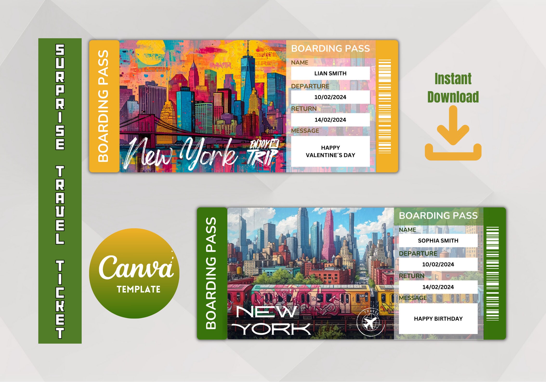 Printable New York surprise trip ticket template, new York illustration, Vacation ticket, Instant download PDF file, Print at home.