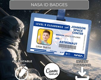 Astronaut ID Badge Template | NASA-Inspired Space Name Badge | Personalized Astronaut ID for Kids | Printable Space Party Favor