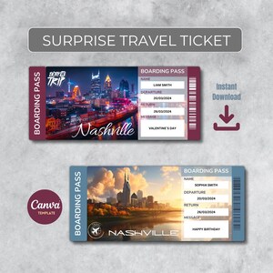 Printable Nashville Surprise Travel Tickets Template, Vacation Ticket, Instant download of editable PDF files Pass, Print at Home.