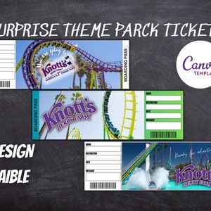 Plantilla imprimible de boleto de regalo sorpresa de Knott&#39;s Berry Farm.Pase de abordar. Entrada falsa. Descarga instantánea. Plantilla de boleto sorpresa.