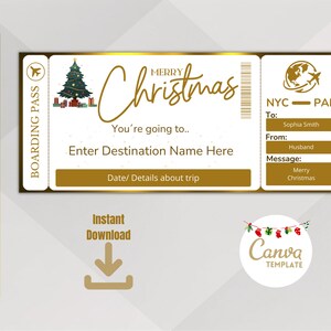Plantilla editable Sorpresa de viaje de Navidad, Tarjeta de embarque de aventura navideña imprimible, 100% personalizable en Canva, descarga instantánea.