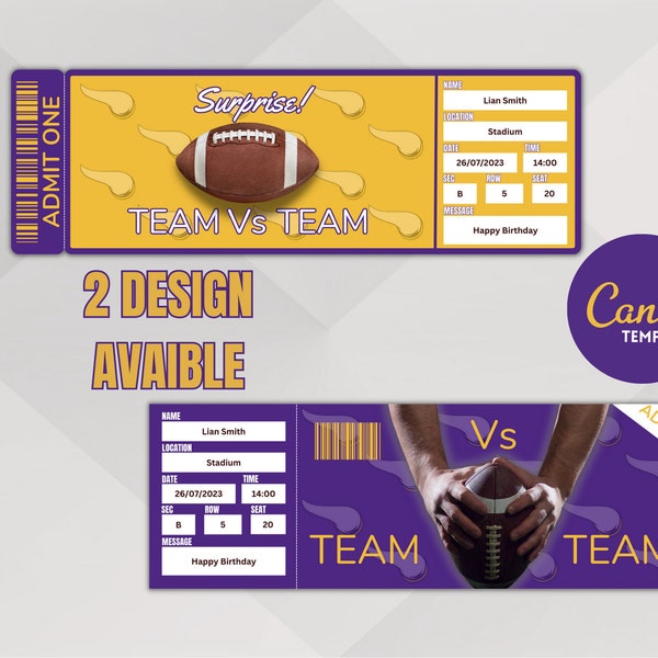 Football Game Minnesota Colors Ticket Template surprise: Experience the Thrill of the Field, Instant Download, Editable Ticket