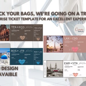 Modello di carta d'imbarco per viaggio a sorpresa, modello di biglietto per Roma, Parigi, Santorini o Londra, personalizzabile al 100% in Canva, download immediato.