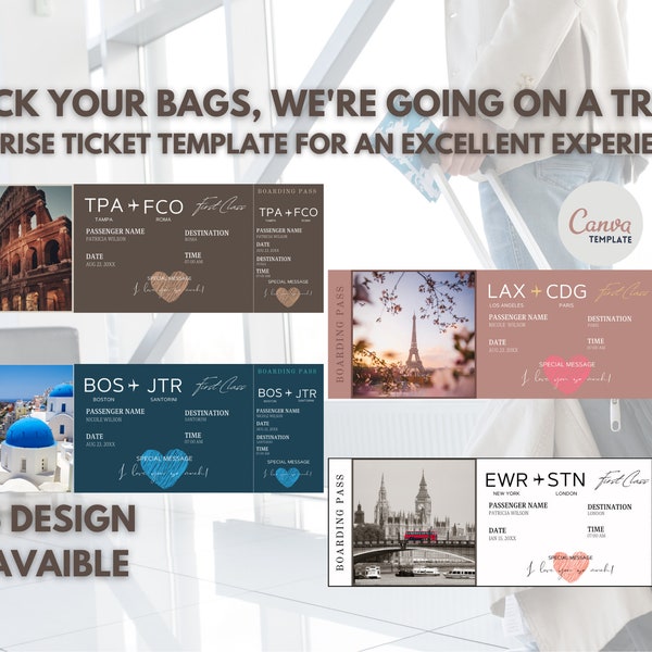 Surprise travel boarding pass template, ticket template for Rome,Paris,Santorini or london, 100% Customizable in Canva, Instant download.