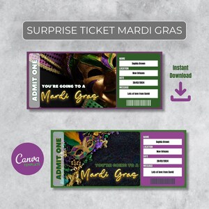 Ingresso para o Mardi Gras para impressão – Modelo Canva personalizável – Download instantâneo para a celebração de Nova Orleans