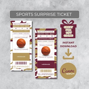 Può includere: Un modello di biglietto di sorpresa sportiva stampabile a tema basket. Il biglietto presenta un motivo mimetico in bordeaux e oro con una grafica di pallacanestro. Il testo sul biglietto recita "Nome del destinatario", "Sezione fila posto", "Crypto.com Arena", "14 aprile 2025 / 19:00", "Nome della squadra 1", "Nome della squadra 2", "Messaggio" e "Sorpresa!"