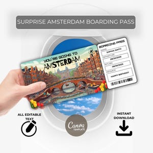 Amsterdam Trip Gift Ticket – Surprise Boarding Pass – Editable Travel Voucher – Instant Download – Printable for Birthday or Vacation