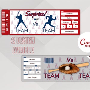 Peut inclure: Deux modèles de billets de baseball imprimables avec un thème rouge et blanc. Le billet du haut présente une silhouette de joueur de baseball avec le texte "Surprise ! Équipe contre Équipe". Le billet du bas montre un gant de baseball avec une balle et une batte avec le texte "Équipe contre Équipe".