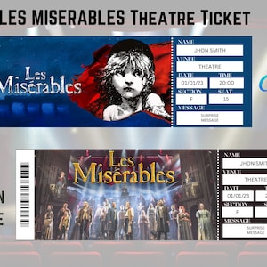 Printable Les Miserables The Musical Überraschungsticket Vorlage für das Theater, einfach zu bearbeiten, 100% anpassbar in Canva, sofortiger Download.