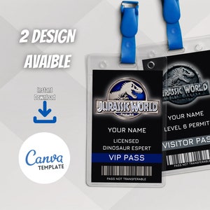 Plantilla de insignia de identificación jurásica 100% personalizable, insignias de identificación jurásicas imprimibles, pase vip de regalo de viaje de vacaciones universal, descarga instantánea.
