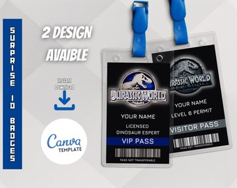 100% Customizable Jurassic ID badge template, printable Jurassic ID badges, Universal vacation travel gift vip pass, instant download.